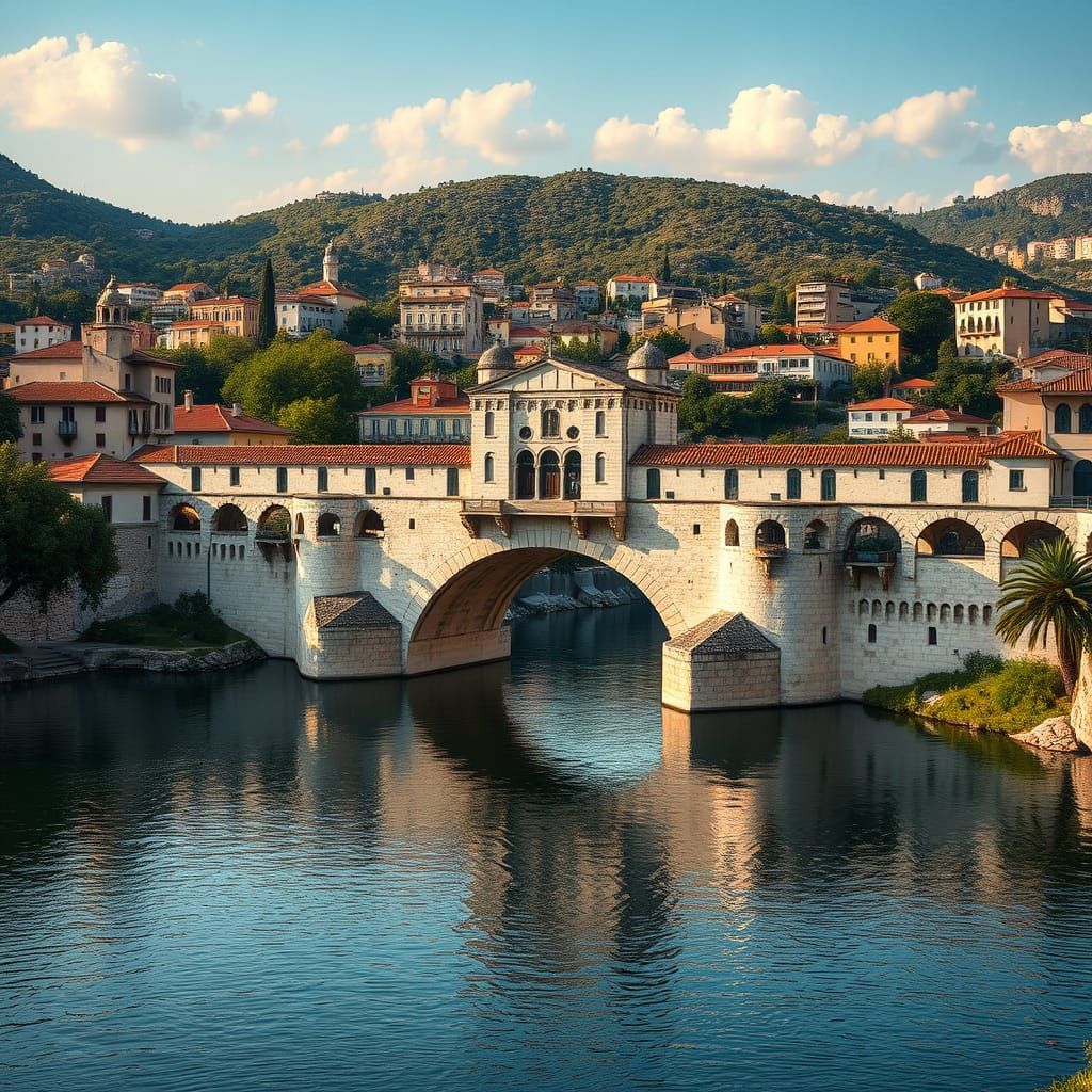 Photorealistic Mostar Bridge in Mediterranean Landscape