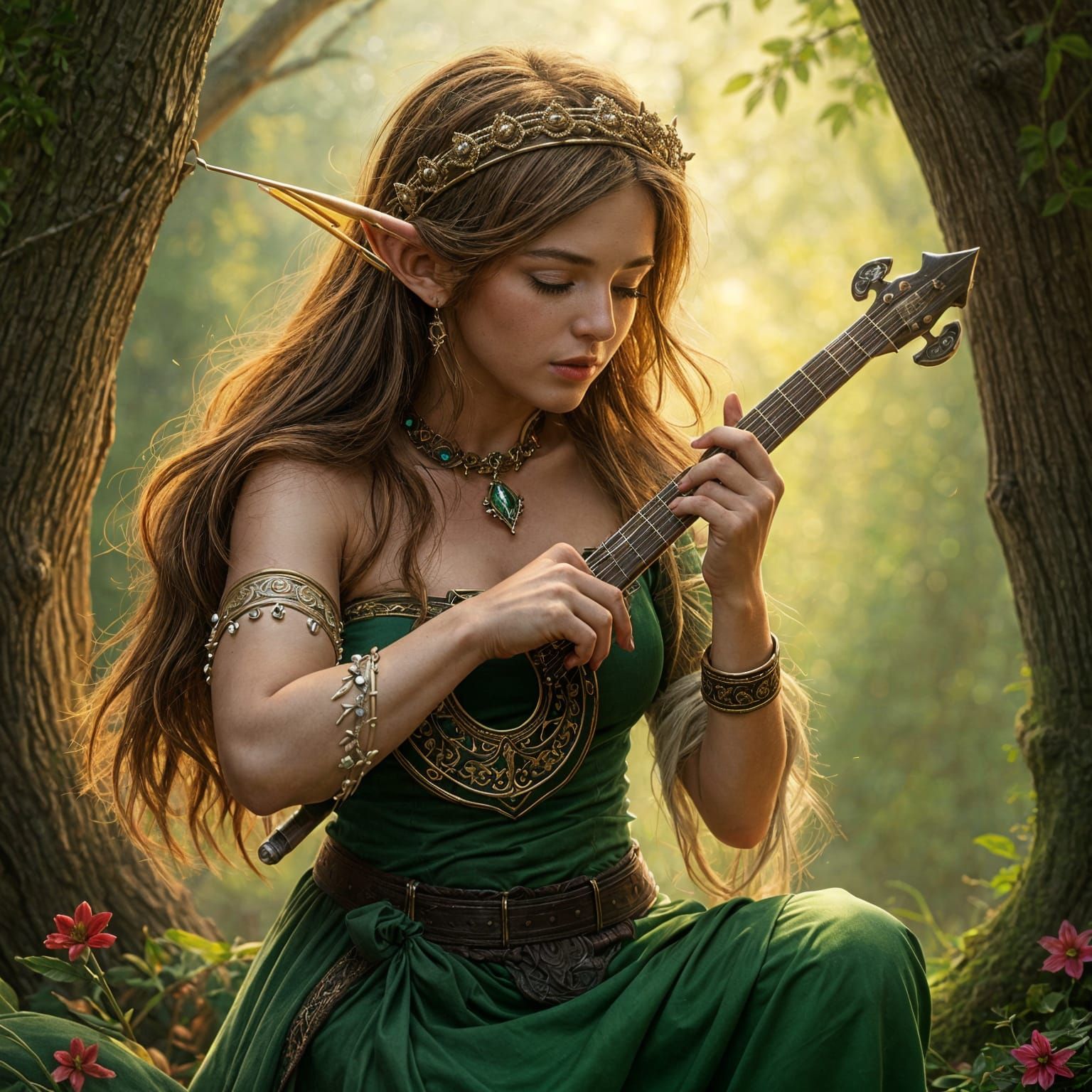 Beautiful Elf Woman Playing Stick Instrument