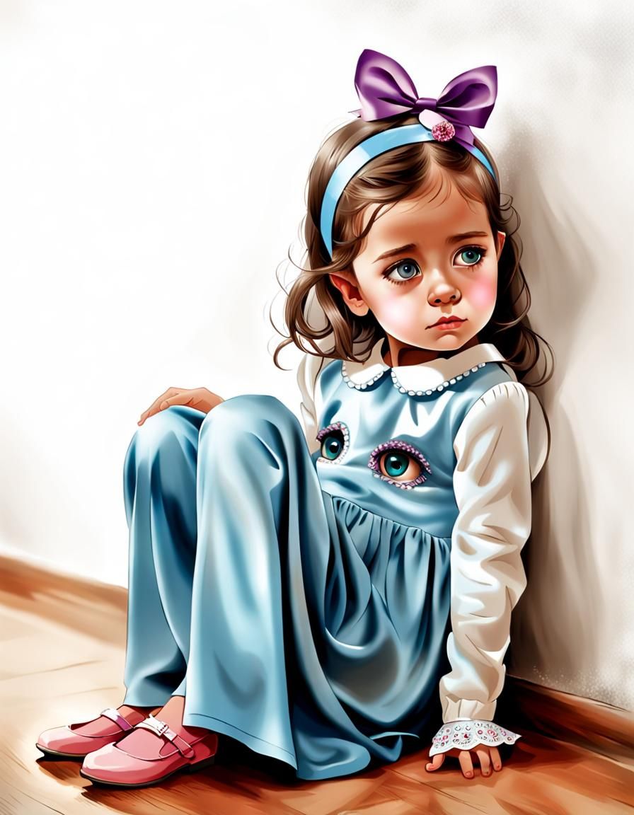 Elegant Girl with Large Eyes Sitting on Floor