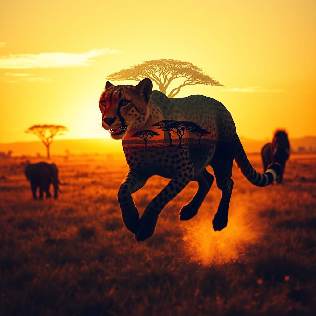 Cheetah Silhouette Double Exposure with Savannah Landscape