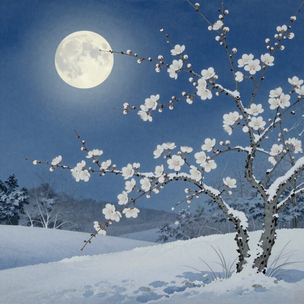 Winter Night Flowers Bloom Under Full Moon in Yamato-e Style