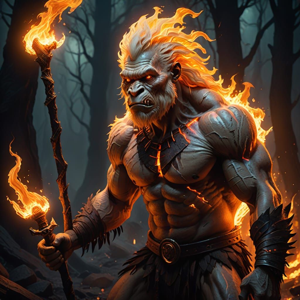 Surreal Primal Warrior Wields Glowing Flaming Club in Neon-L...