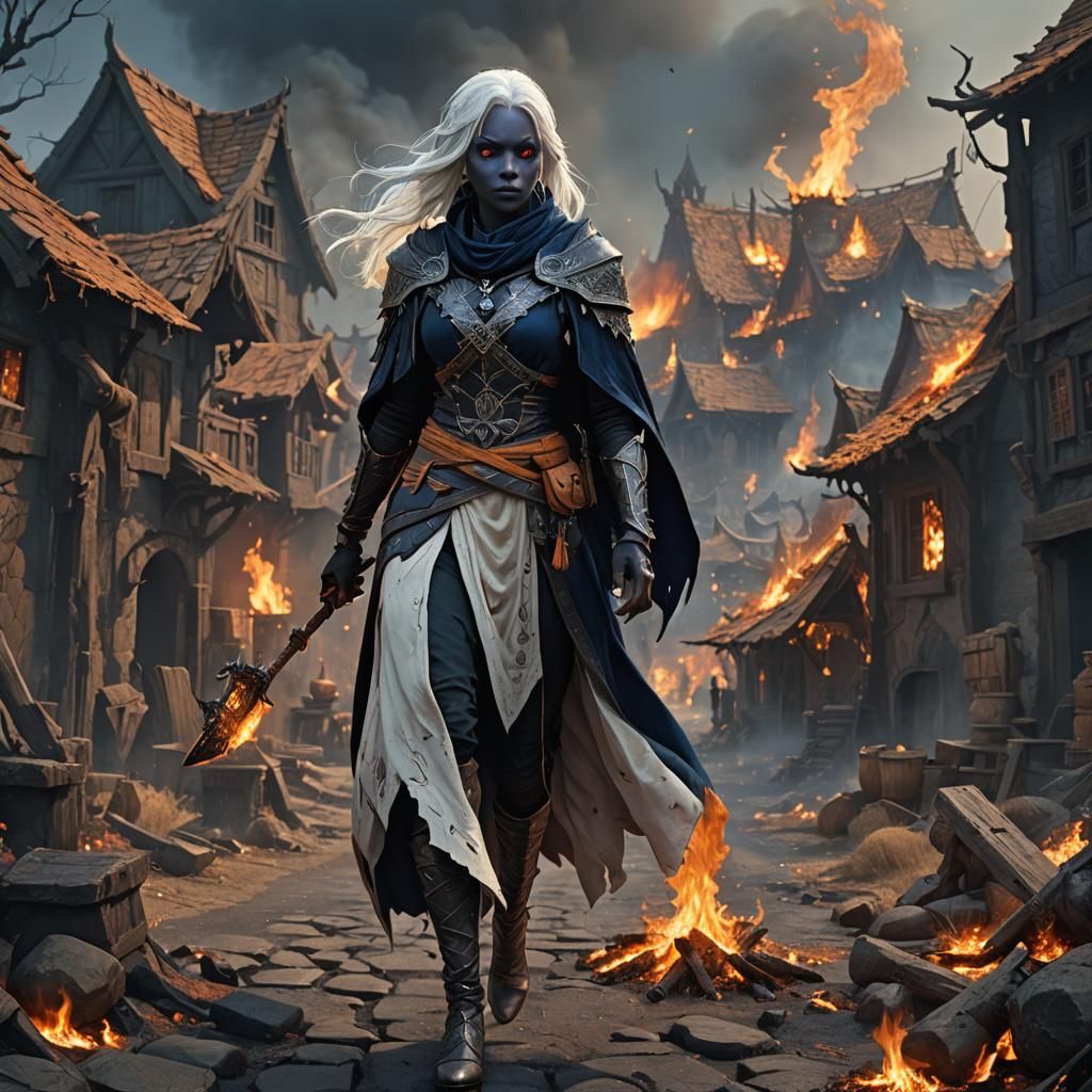 Drow Sorcerer Leaving Burning Village: Dark Fantasy Art
