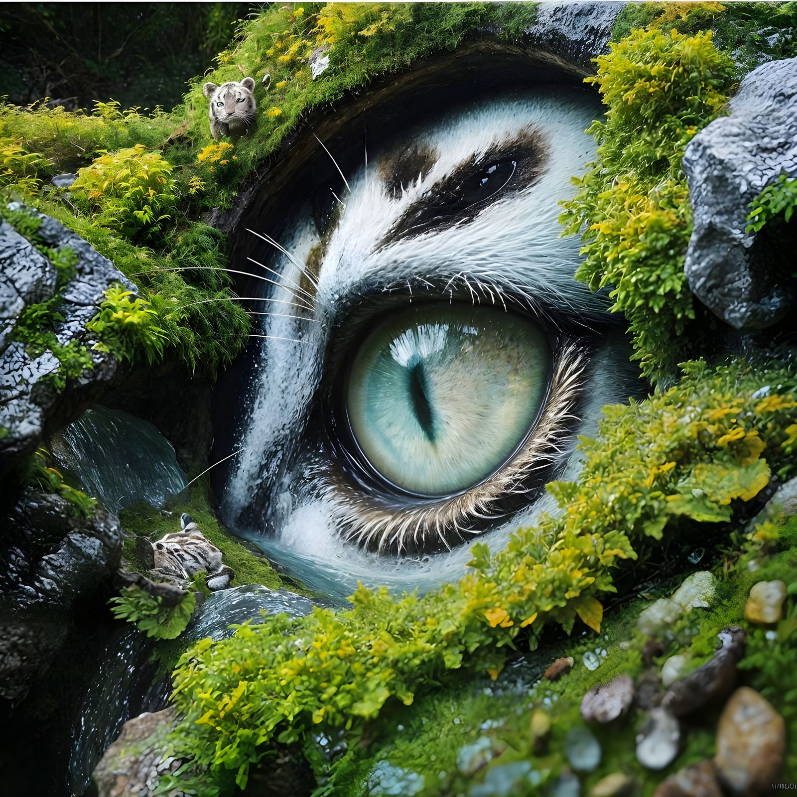 Waterfall Eye of White Tiger: Impressionistic 3D Render