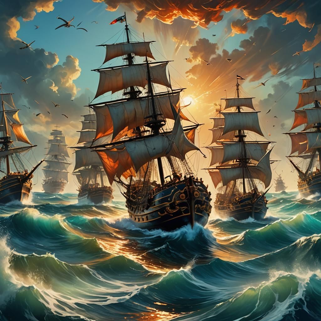 Navy Battles Pirates: Hyper-Realistic Oil Painting