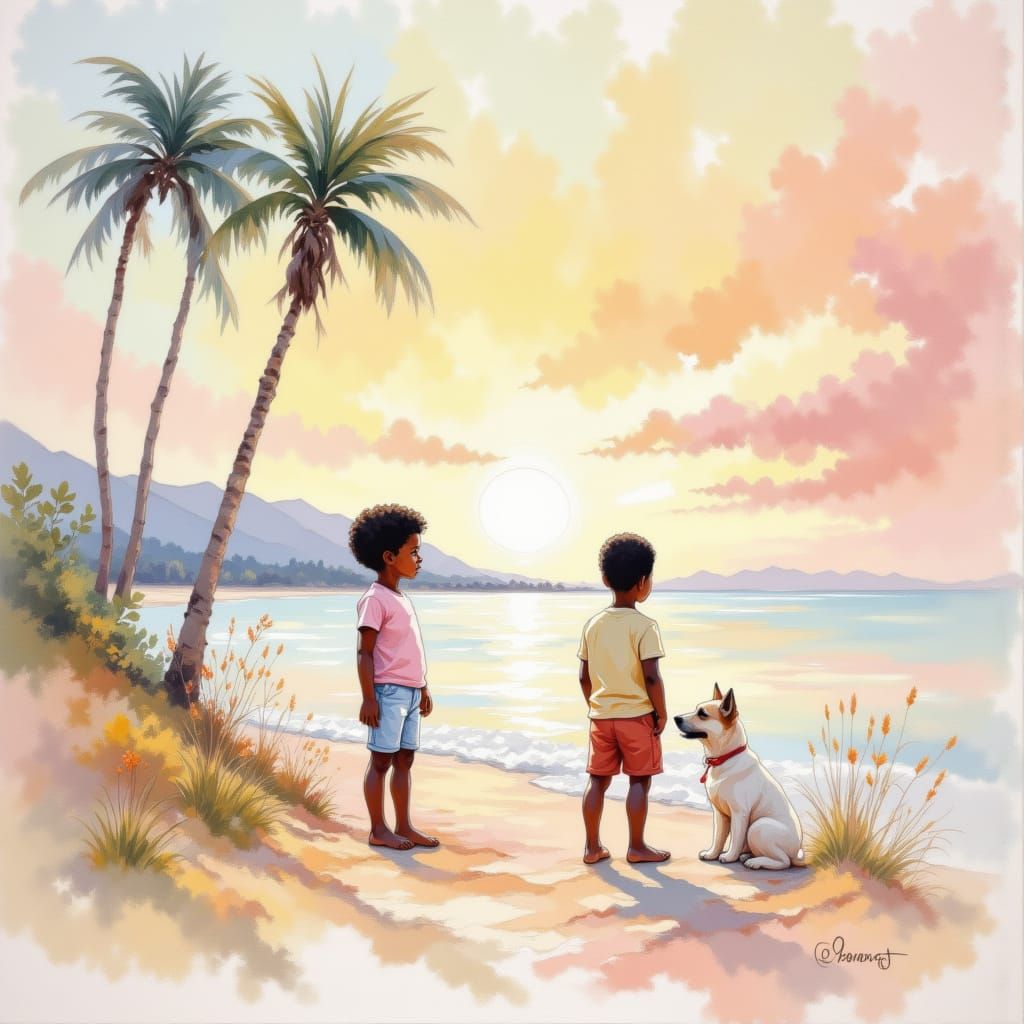 Boy and Dog on Beach in Hergé Style