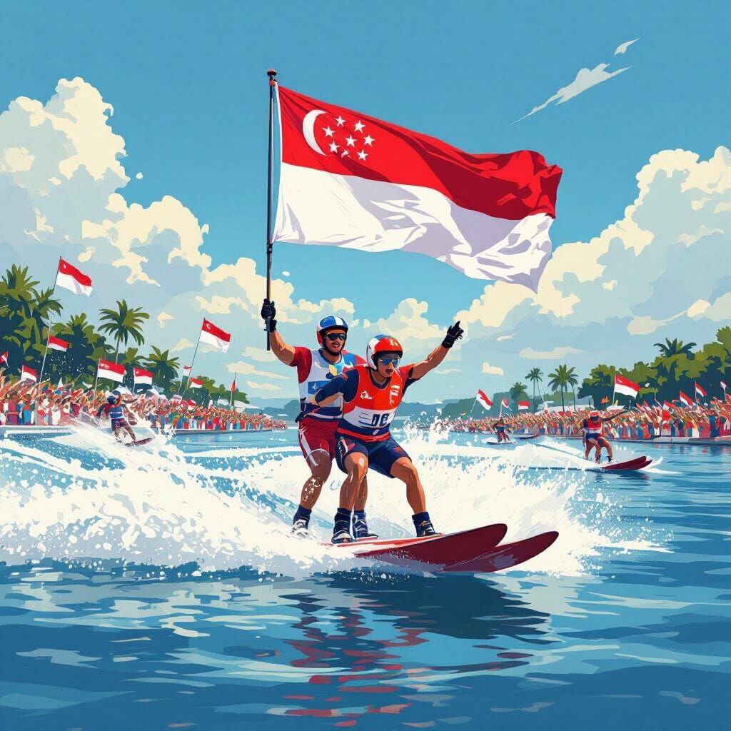 Waterskiing Pyramid Celebrates Singapore National Day