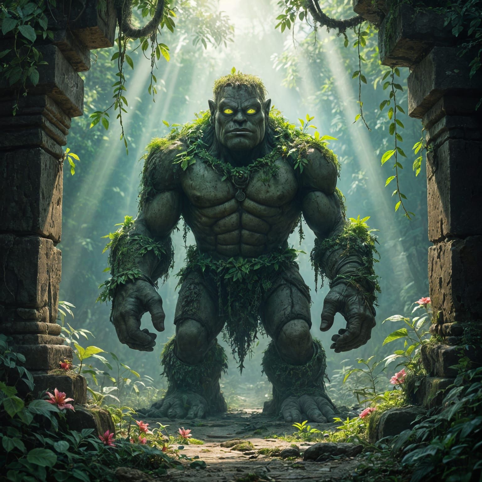 Mossy Stone Golem Guards Jungle Temple in Sunlight
