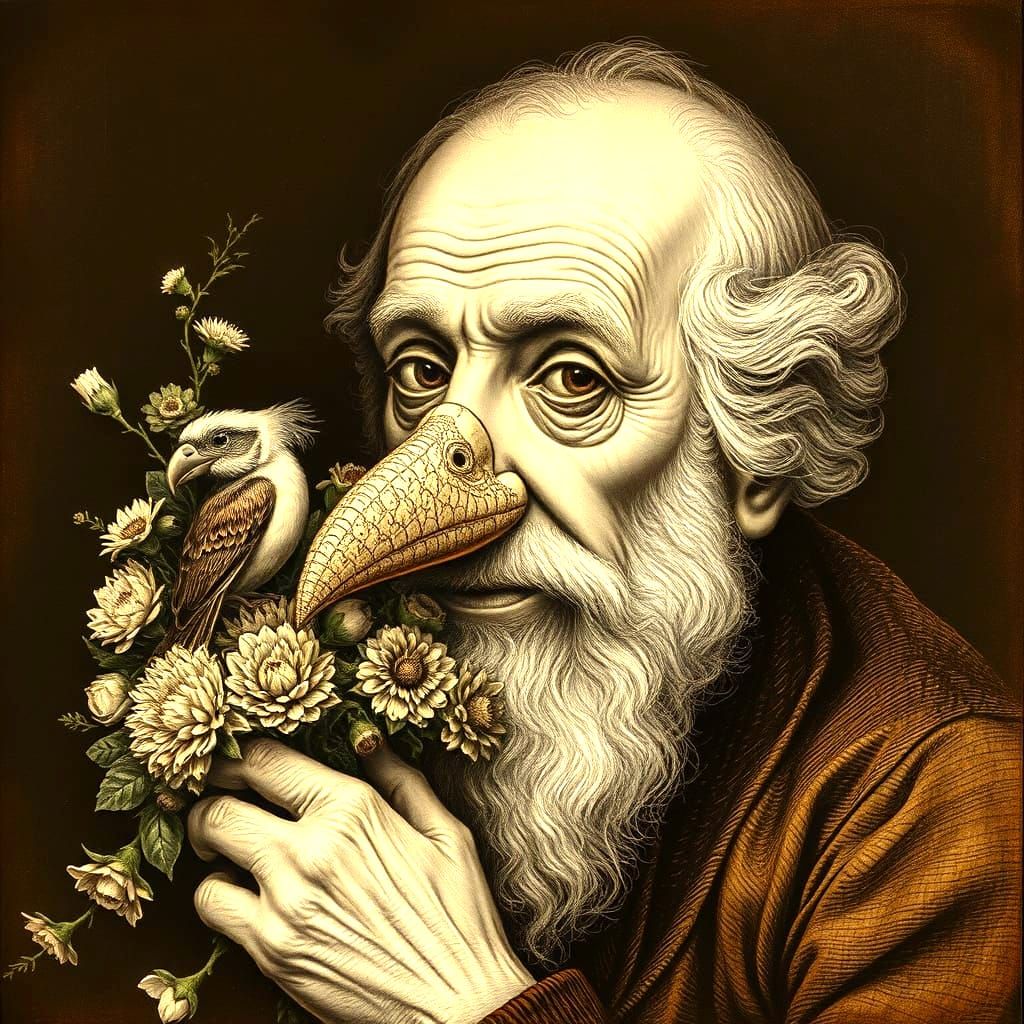 Sepia Etching of Grandfather with Fractal Beak