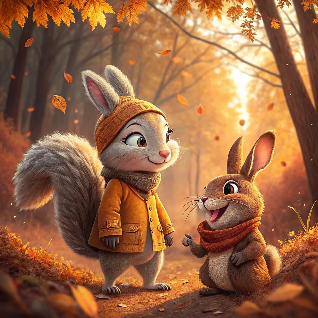 Whimsical Bunny and Squirrel in Autumn Forest