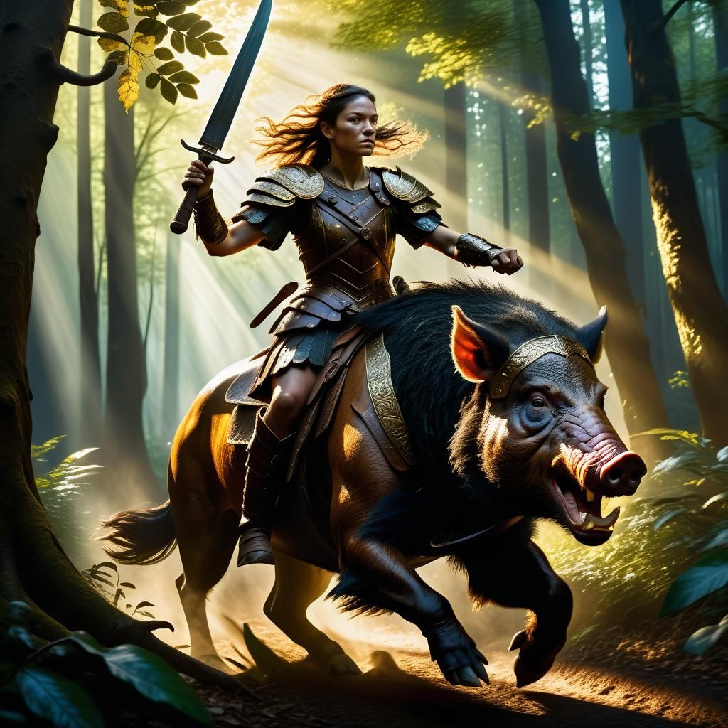 Amazon Warrior Rides Boar: Baroque Oil Painting