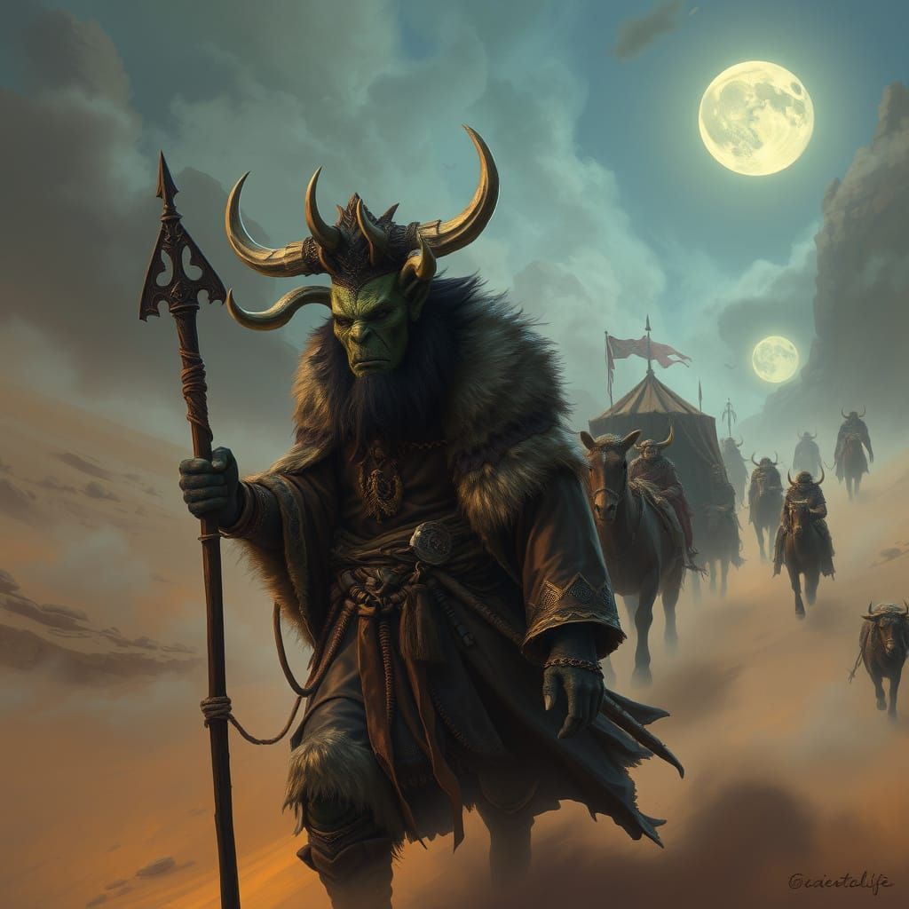 Orc Shaman Leads Caravan Through Sandstorm
