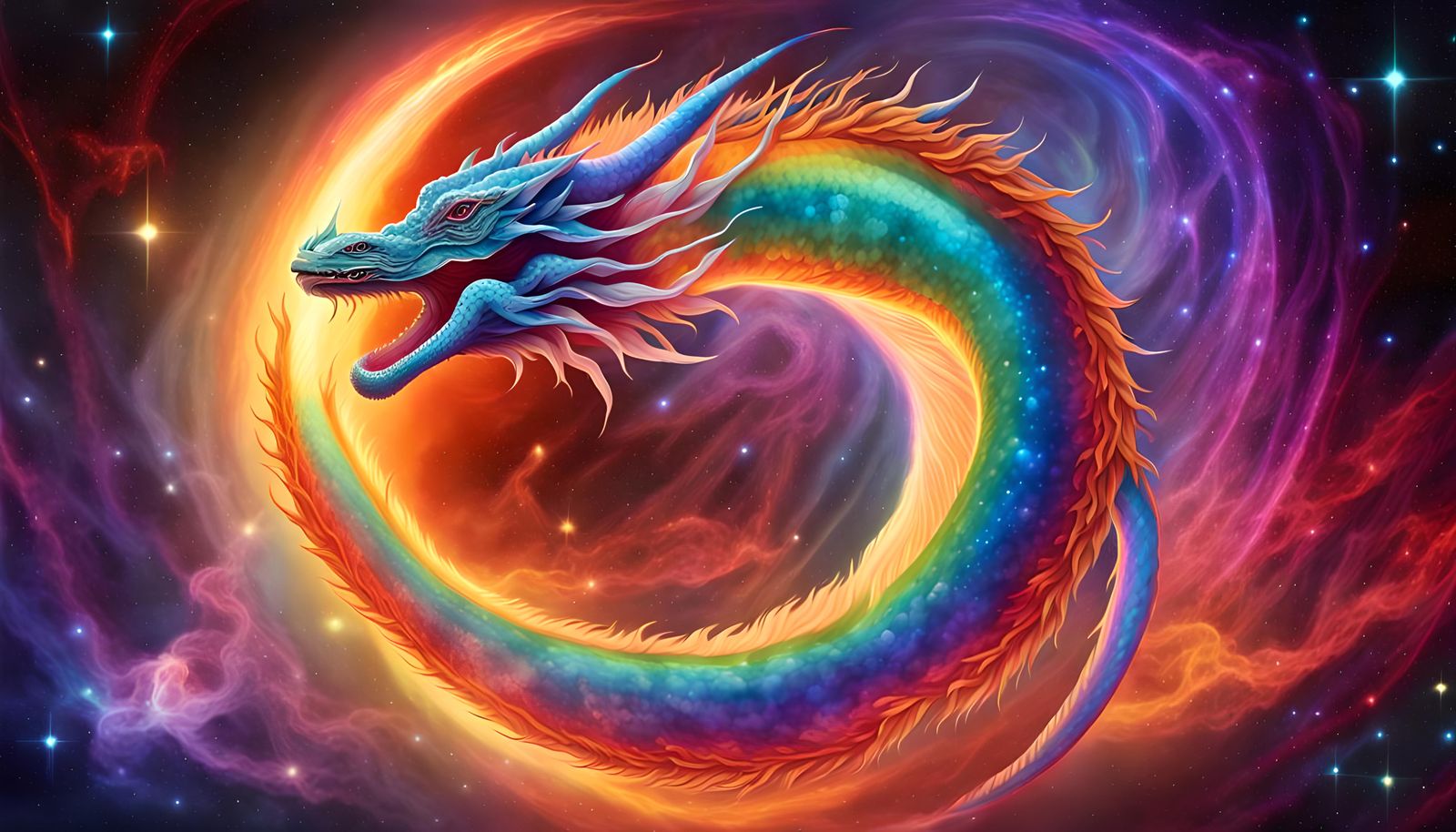 Cosmic Rainbow Dragon in Starry Nebula Ouroboros