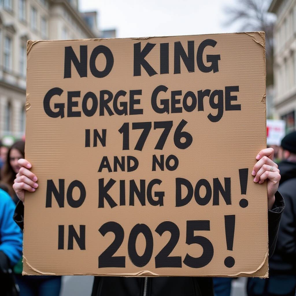 Protest sign "  No king George in 1776 and no king Don in 2025 "