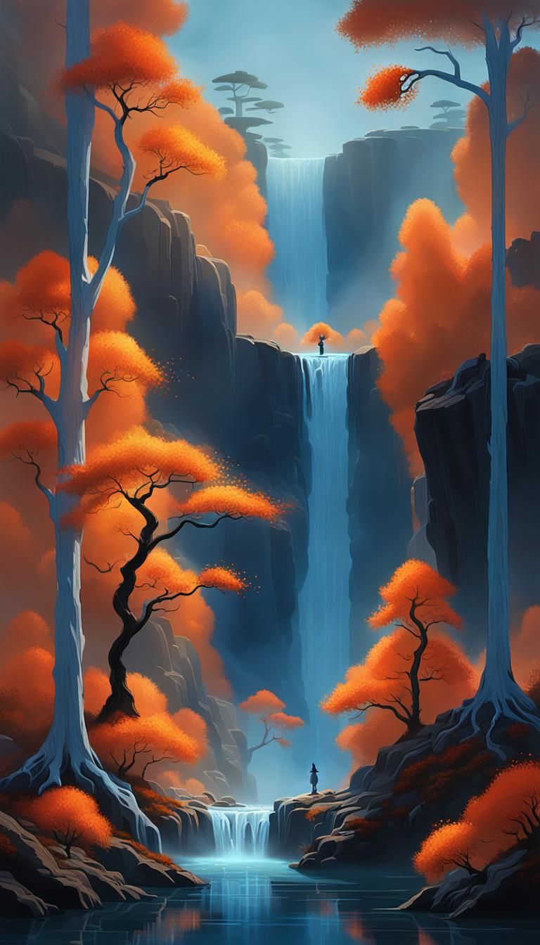 Bonsai Tree at Waterfall in Surreal Style