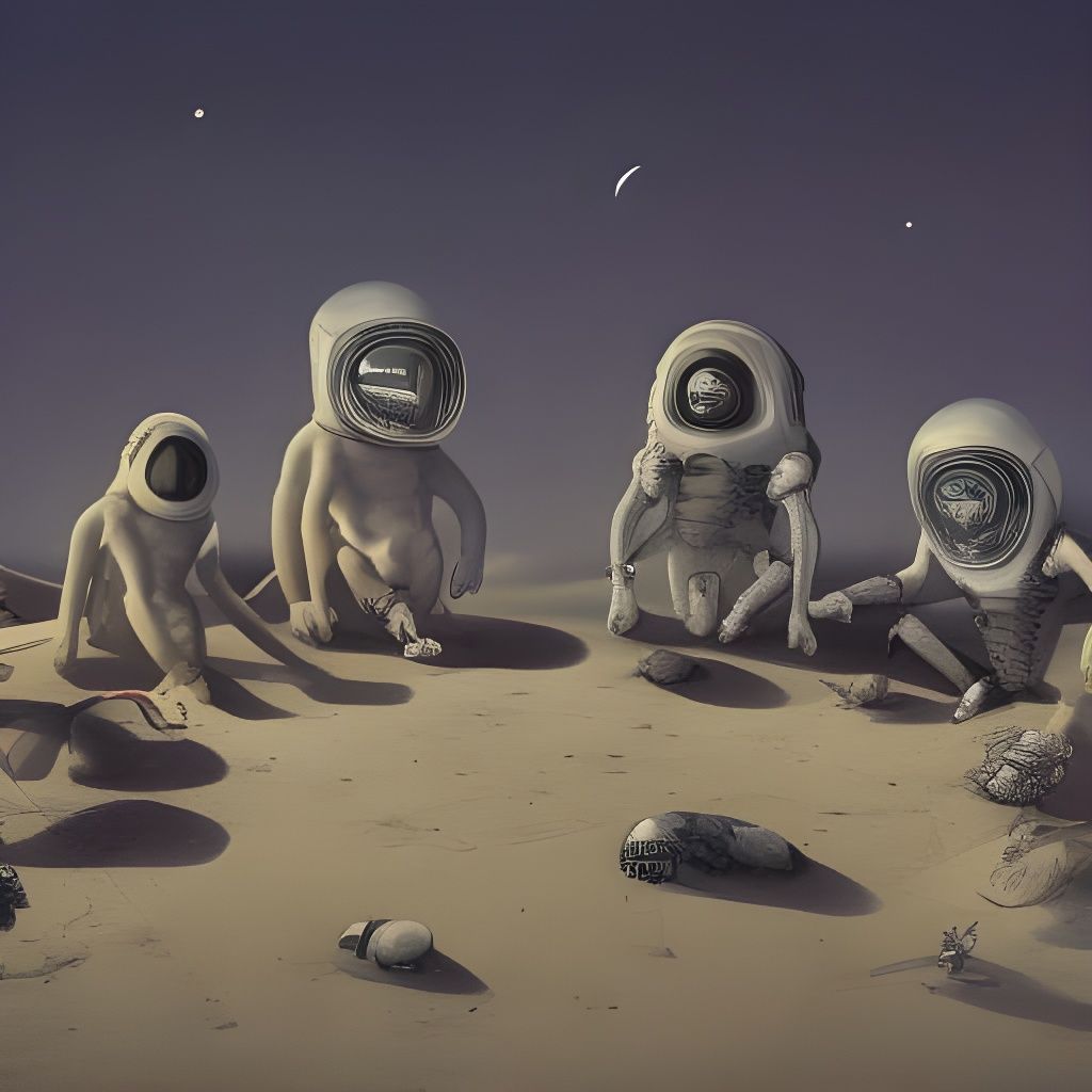 Astronauts Relaxing on Beach in Space Suits