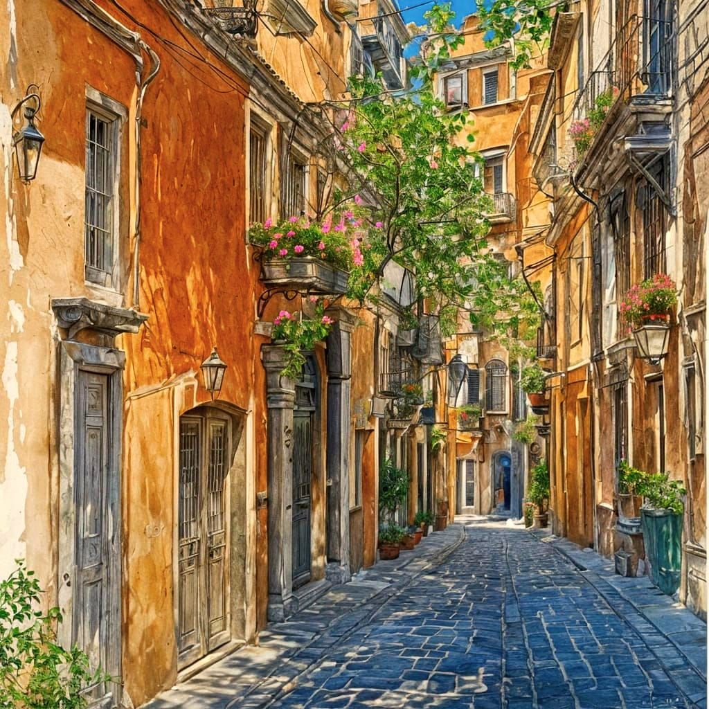 Mediterranean Alleyway Ink Painting with Vibrant Colors