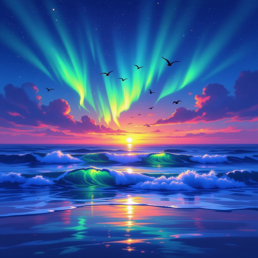 Surreal Seascape Sunset Blends With Aurora Colors