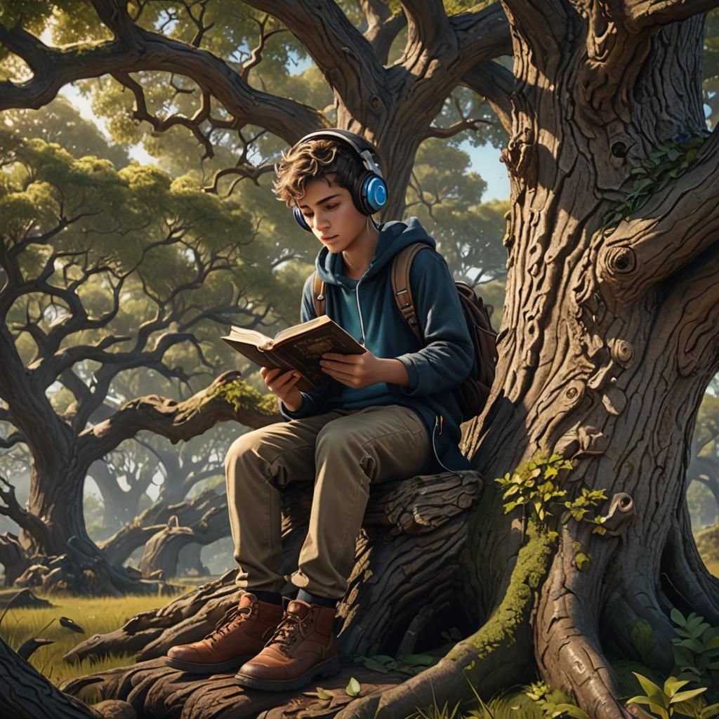 Boy Reading in Oak Tree: Fantasy Concept Art