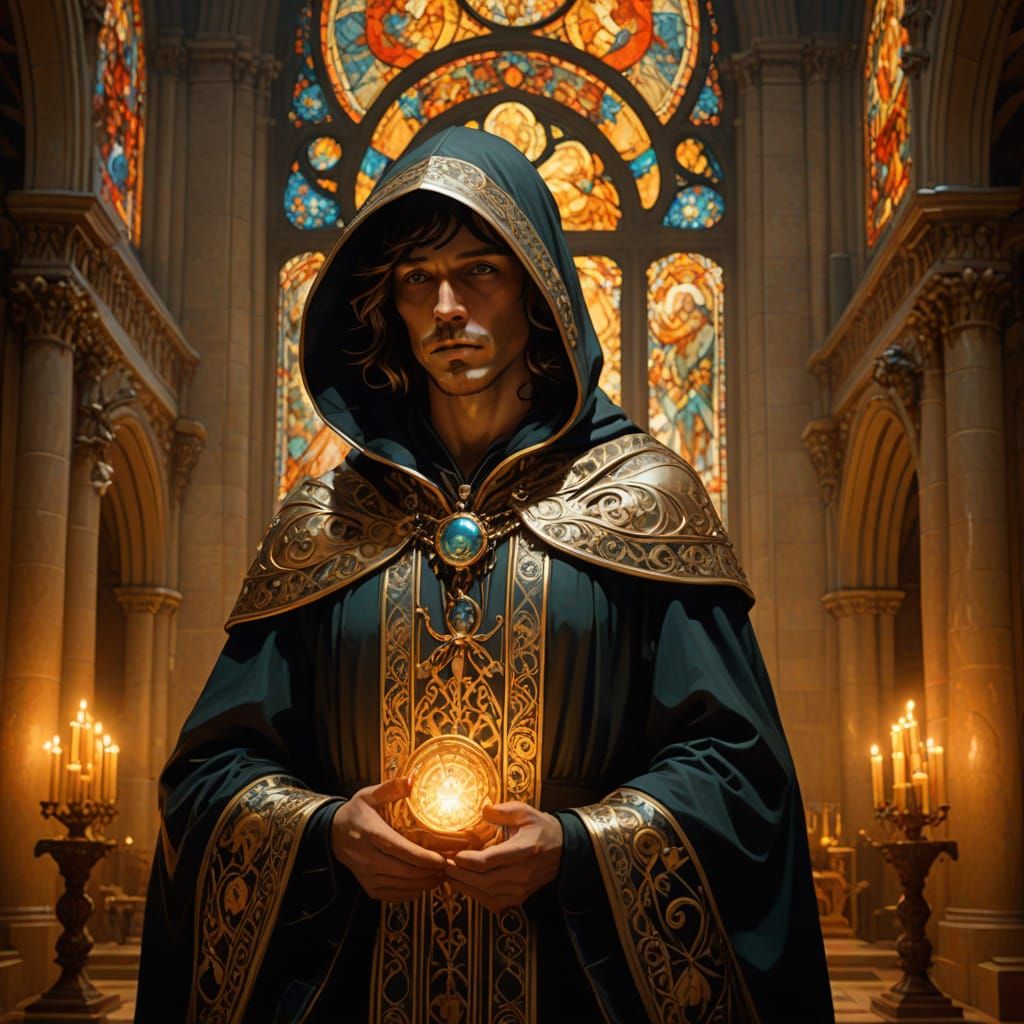 Hooded Figure with Glowing Artifact in Cathedral