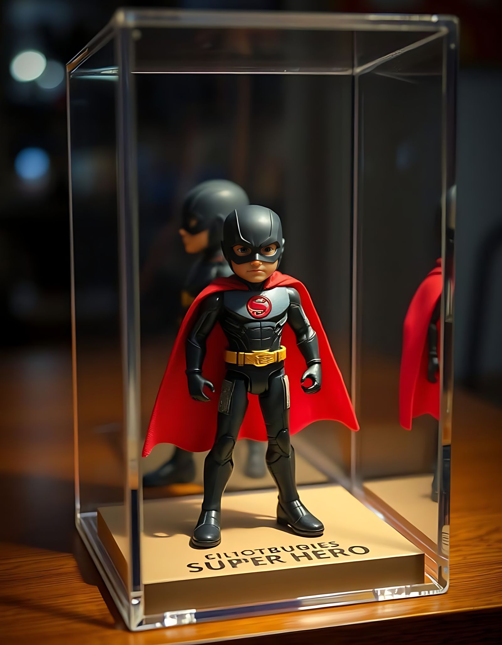 A tiny super hero locked in a plastic display case.