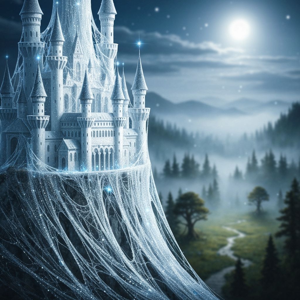 Shimmering Spider Silk Castle in Moonlit Forest