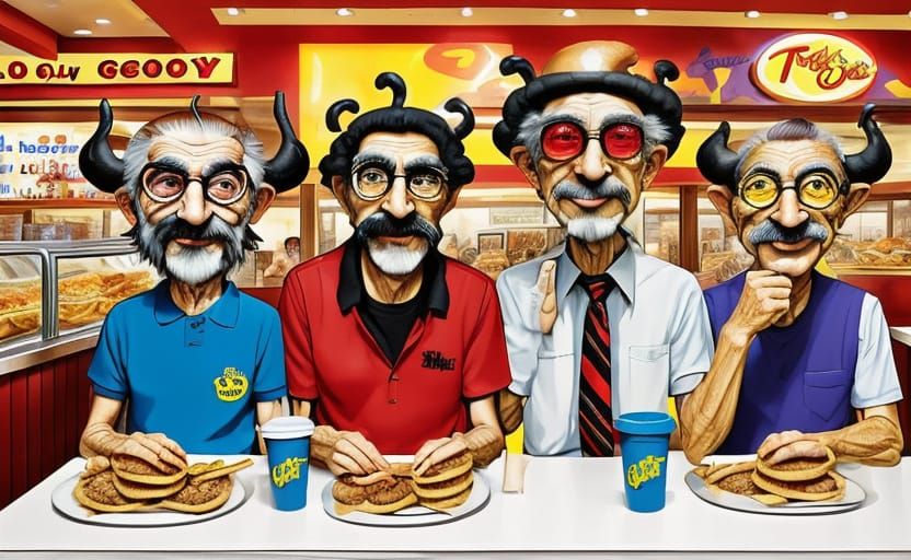 Old Friends Enjoy a Quick Bite in a Fast Food Diner
