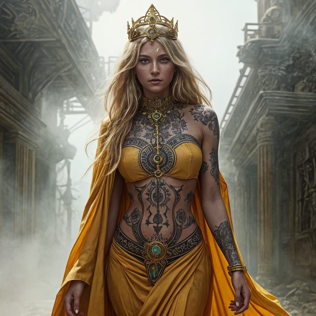 Golden Priestess Walking Through the Mist