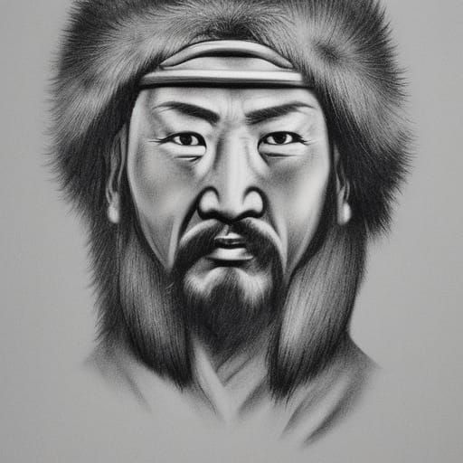 Charcoal Portrait of Genghis Khan with Fierce Expression