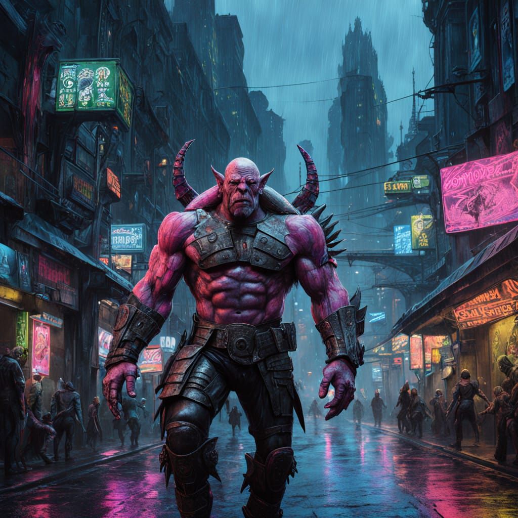 Gritty, Cyberpunk Cityscape with Orcish Warrior