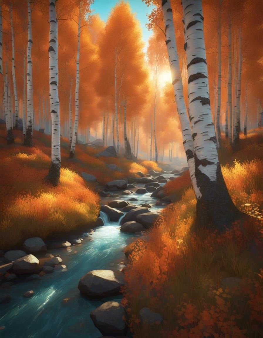 Autumn Birch Forest with Stream in Hyperdetailed Style