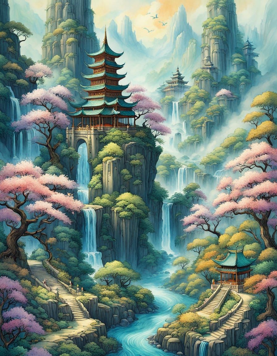 Watercolor Asian Valley Landscape with Ornate Temples