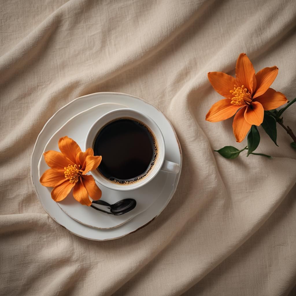 Coffee Cup and Orange Flower Still Life