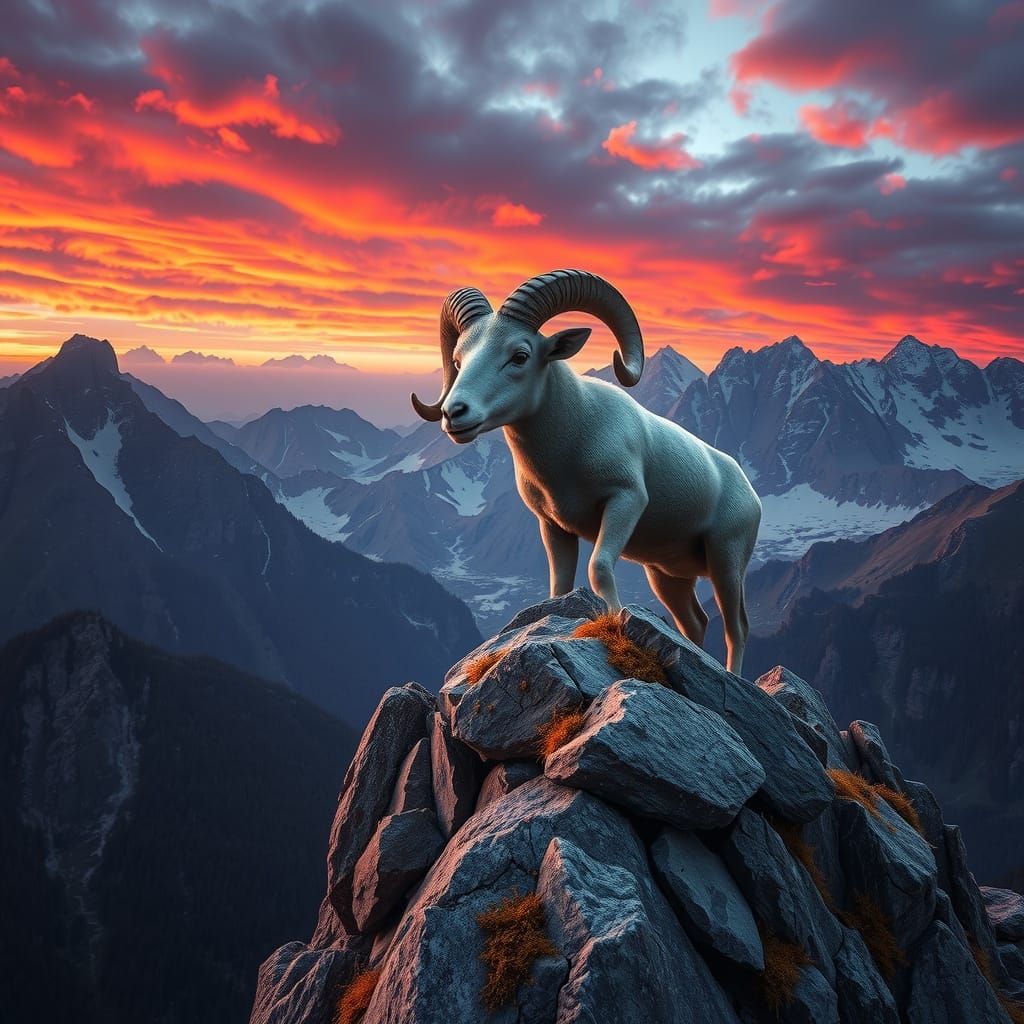 Vibrant Fractals in a Ram's Horn, Set Amidst a Majestic Moun...