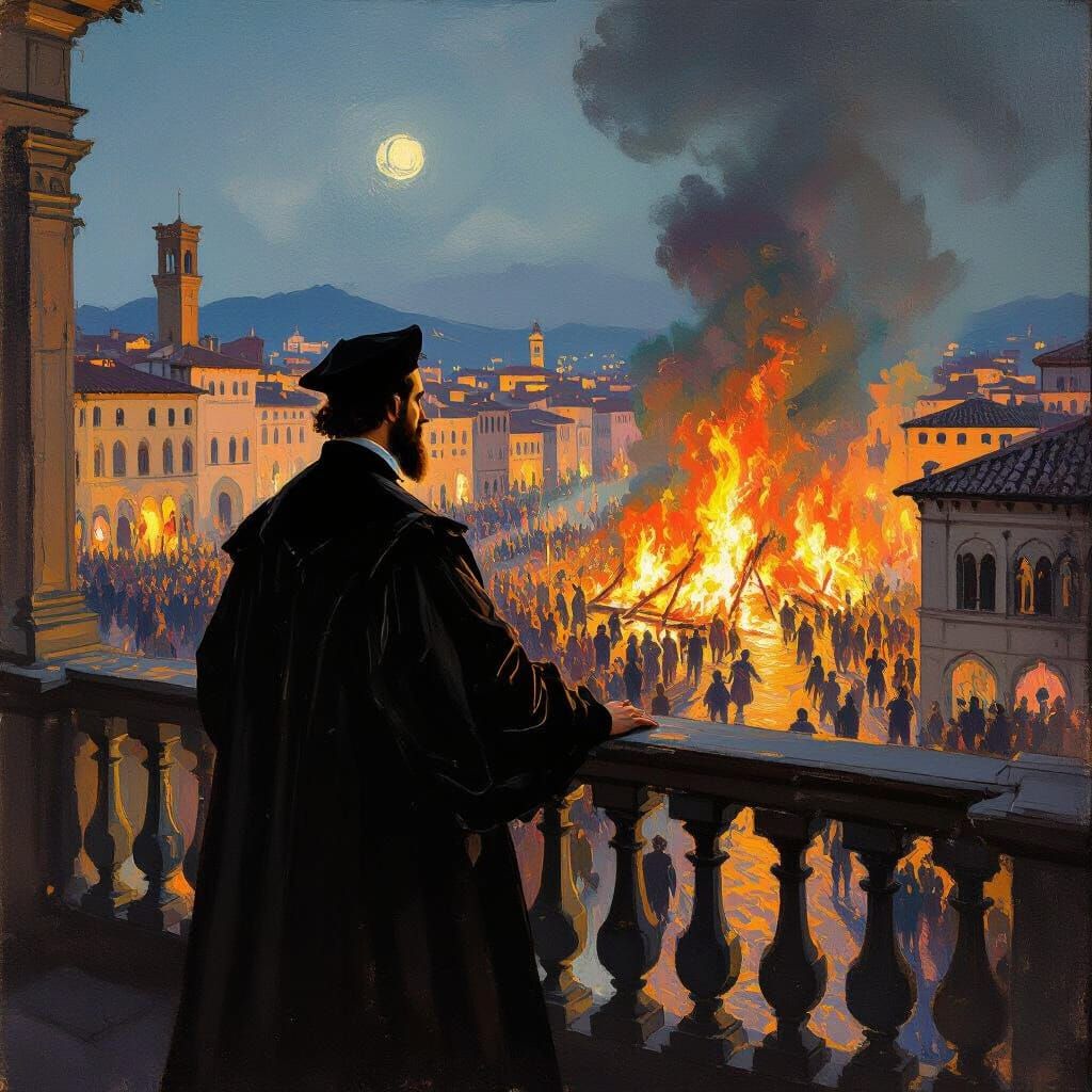 Machiavelli Overlooks Burning Florence in Impressionist Styl...