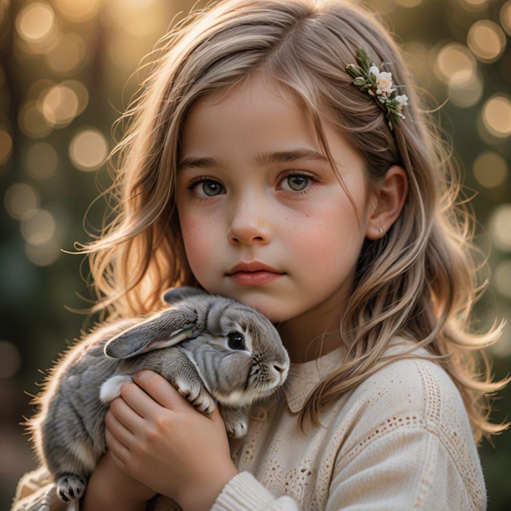 Serene Portrait of a Young Girl and Her Gentle Bunny Compani...