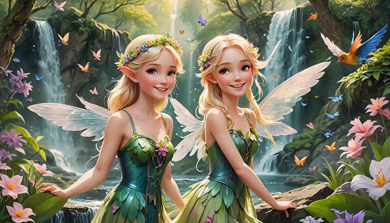 The fairy twins look so pretty in the woodland