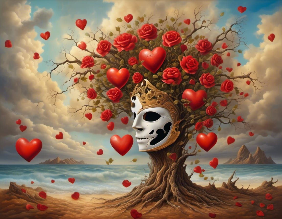 Mask Fused with Tree in Surreal Oil Painting