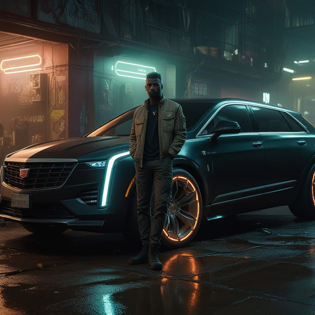 Cyberpunk Cadillac in Underground Fortress Garage