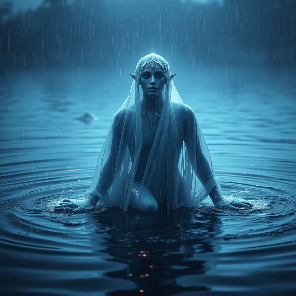 Mystical Water Spirit Emerges from Rain-Swept Lake