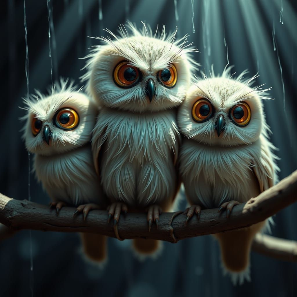 Miserable Owls Perch in the Rainy Night