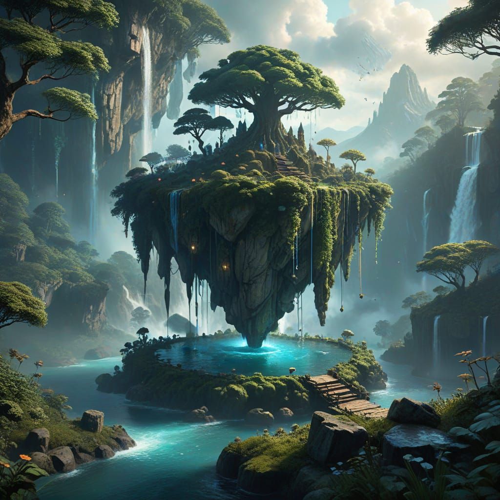 Majestic Floating Island with Auroras in Golden Light