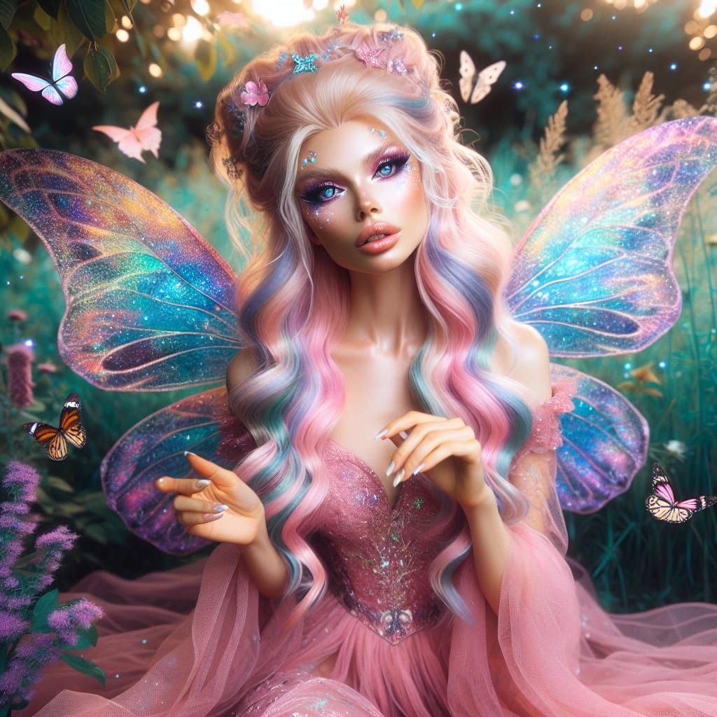 Enigmatic Fairy with Galaxy Eyes in Lush Meadow