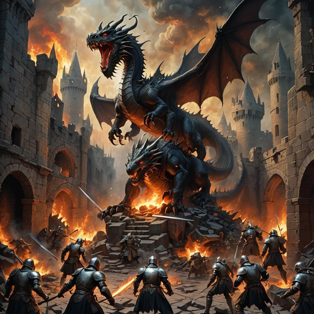 Epic Dragon Battle in Ruined Castle Courtyard