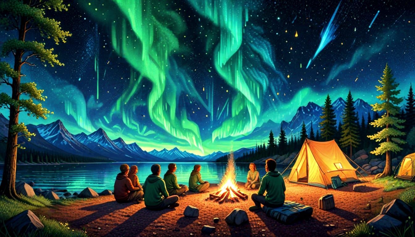 Aurora Borealis Campfire in Pointillism Style