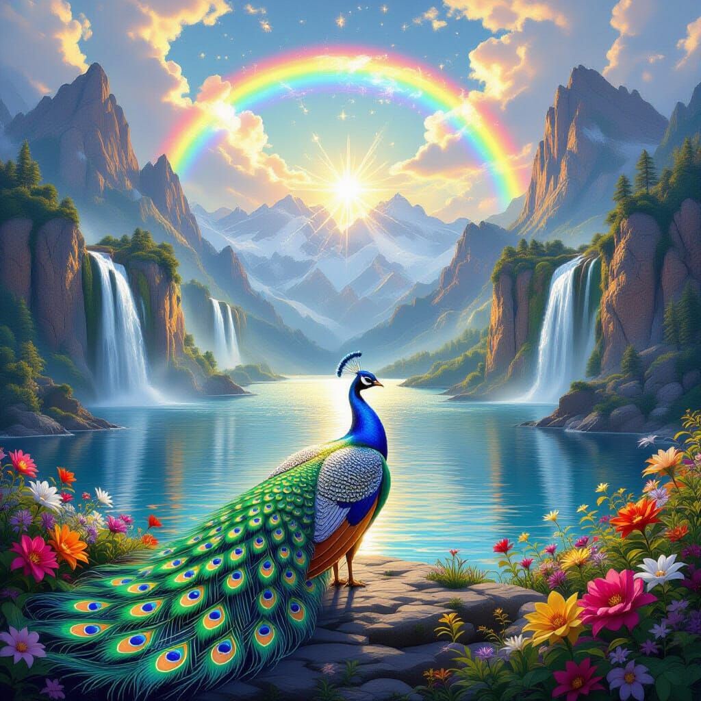 Mountaintop Sanctuary with Crystalline Peacock Seraph