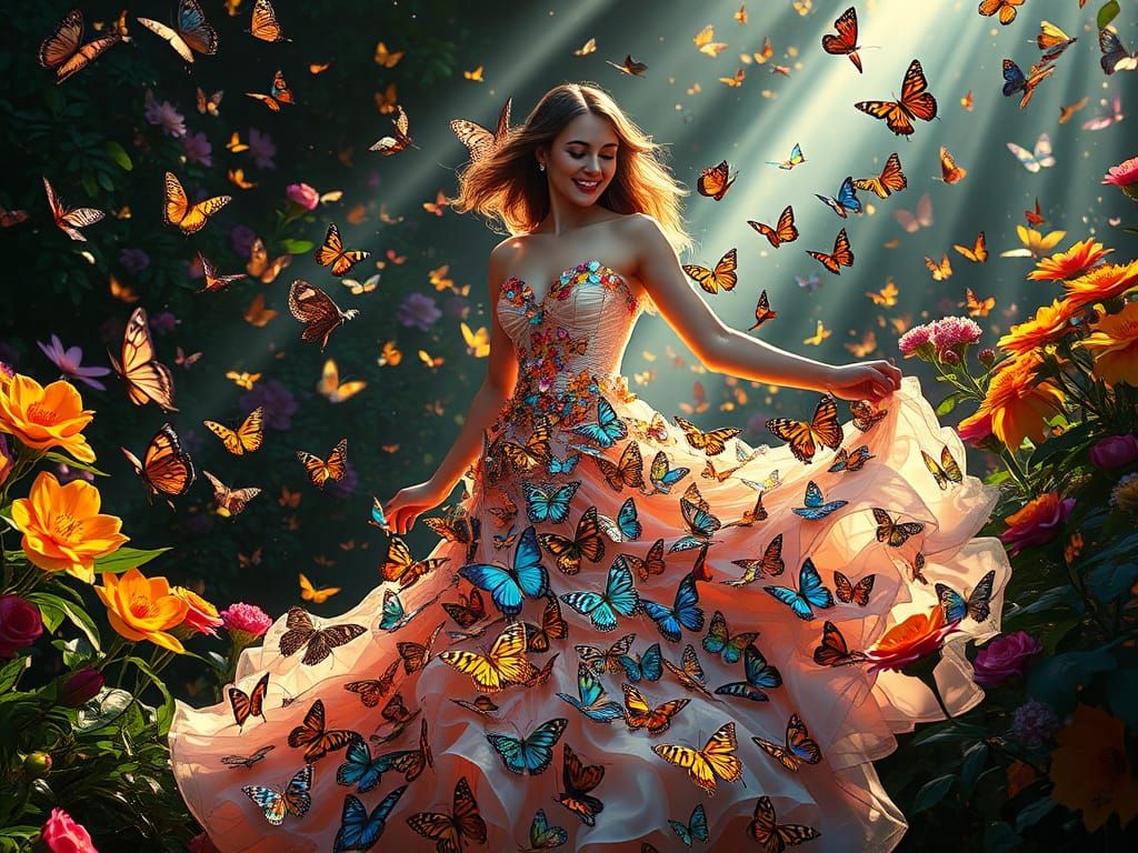 Woman in Iridescent Butterfly Gown Twirls in Vibrant Fairyta...
