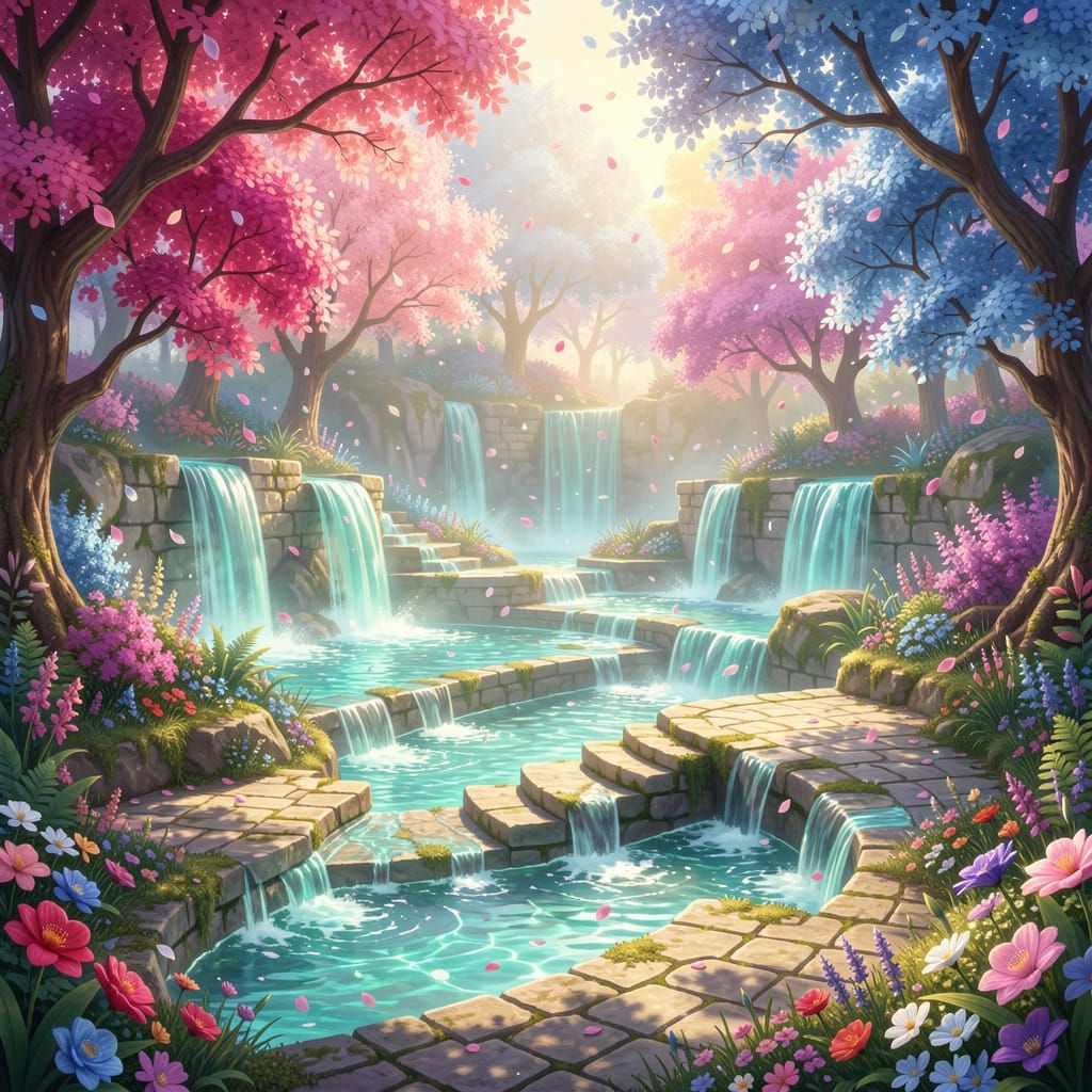 Enchanted Fantasy Garden with Cascading Turquoise Waterfalls