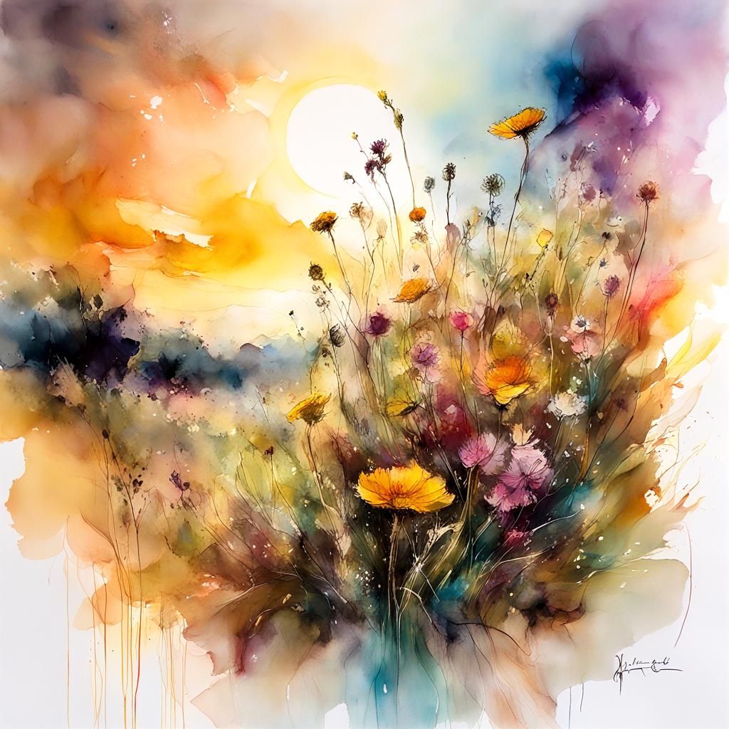 Whimsical Meadow Sunrise in Alcohol Ink Style
