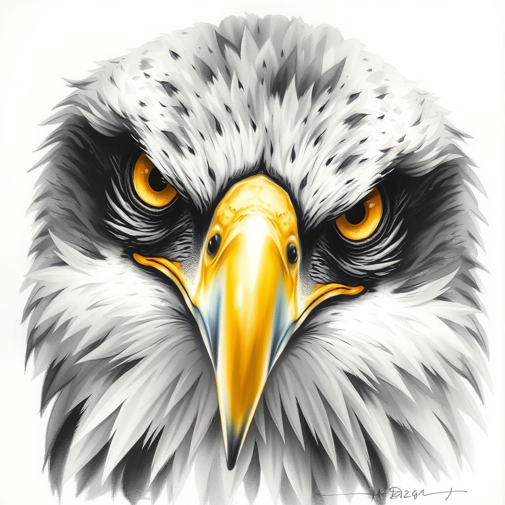Eagle Close-Up in Charcoal Aquarelle Style with Yellow Eyes